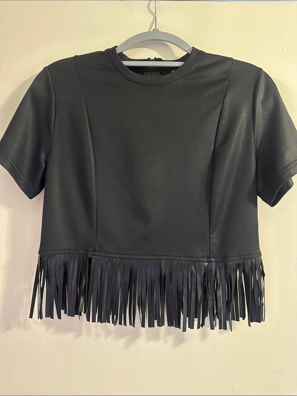 Black Faux Leather Fringe Crop Top - Women's Short Sleeve